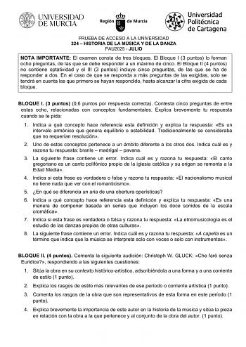 Examen de Historia de la Música y de la Danza (EBAU de 2025)