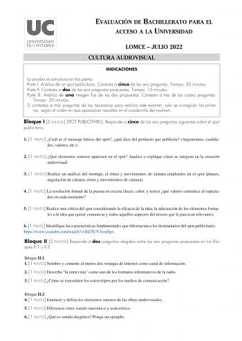 Examen de Cultura audiovisual (EBAU de 2022)