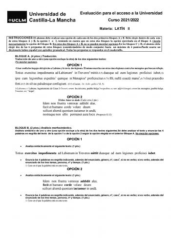 Examen de Latín II (EvAU de 2022)