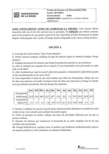 Examen de Ciencias de la Tierra y Medioambientales (PAU de 2012)