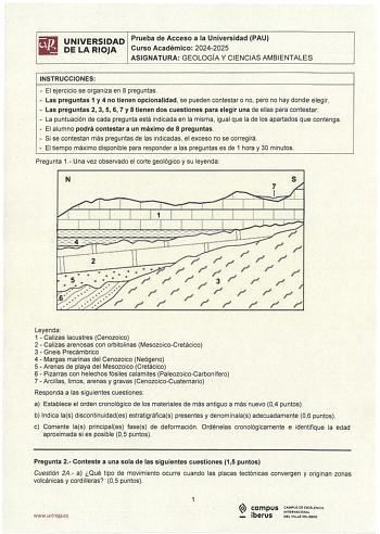 Examen de Geología y Ciencias Ambientales (EBAU de 2025)