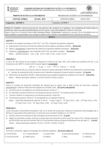 COMISSIÓ GESTORA DE LES PROVES DACCÉS A LA UNIVERSITAT COMISIÓN GESTORA DE LAS PRUEBAS DE ACCESO A LA UNIVERSIDAD PROVES DACCÉS A LA UNIVERSITAT CONVOCATRIA JULIOL 2019 Assignatura QUÍMICA PRUEBAS DE ACCESO A LA UNIVERSIDAD CONVOCATORIA JULIO 2019 Asignatura QUÍMICA BAREM DE LEXAMEN Lalumne haur de triar una opció A o B i contestar les 3 qestions i els 2 problemes de lopció triada La qualificació mxima de cada qestióproblema ser de 2 punts i la de cada subapartat sindica en lenunciat Segons lAc…