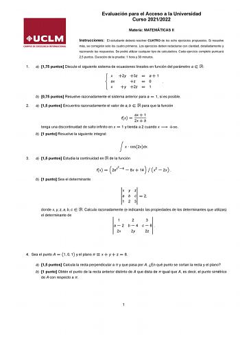 Examen de Matemáticas II (EvAU de 2022)