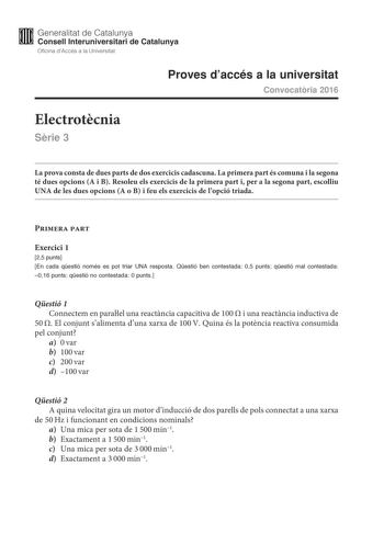 Examen de Electrotecnia (PAU de 2016)