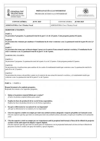 Examen de Coro y Técnica Vocal (PAU de 2025)