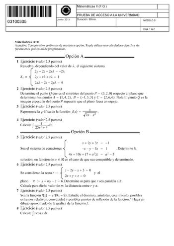 Examen de Matemáticas II (PAU de 2013)