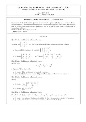 Examen de Matemáticas II (PAU de 2010)