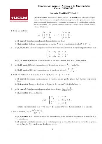 Examen de Matemáticas II (EvAU de 2021)