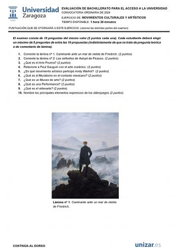 Examen de Movimientos Culturales y Artísticos (EvAU de 2024)