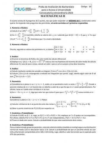 Examen de Matemáticas II (ABAU de 2023)