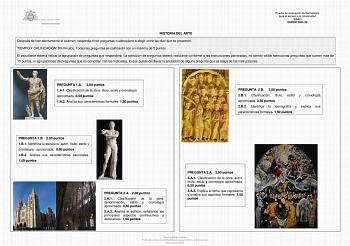 Prueba de evaluación de Bachillerato para el acceso a la Universidad EBAU CURSO 202122 HISTORIA DEL ARTE Después de leer atentamente el examen responda cinco preguntas cualesquiera a elegir entre las diez que se proponen TIEMPO Y CALIFICACIÓN 90 minutos Todas las preguntas se calificarán con un máximo de 2 puntos El estudiante deberá indicar la agrupación de preguntas que responderá La selección de preguntas deberá realizarse conforme a las instrucciones planteadas no siendo válido seleccionar …