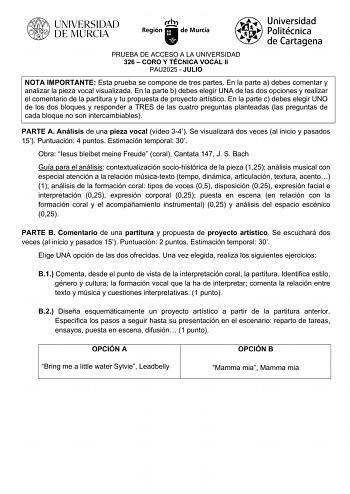 Examen de Coro y Técnica Vocal (EBAU de 2025)