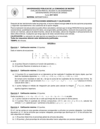Examen de Matemáticas II (EvAU de 2018)