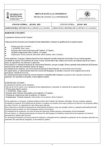 Examen de Historia de la Música y de la Danza (PAU de 2025)