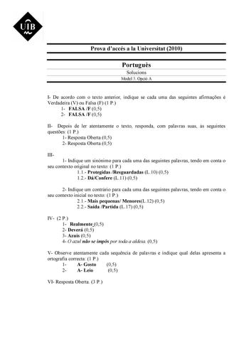 UIB M Prova daccés a la Universitat 2010 Portugus Solucions Model 3 Opció A I De acordo com o texto anterior indique se cada uma das seguintes afirmaes é Verdadeira V ou Falsa F 1 P 1 FALSA F 05 2 FALSA F 05 II Depois de ler atentamente o texto responda com palavras suas s seguintes questes 1 P 1 Resposta Oberta 05 2 Resposta Oberta 05 III1 Indique um sinónimo para cada uma das seguintes palavras tendo em conta o seu contexto original no texto 1 P 11 Protegidas Resguardadas L10 05 12 DáConfere …