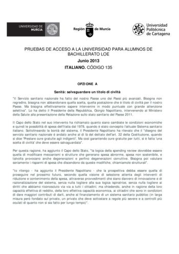 Examen de Italiano (PAU de 2013)