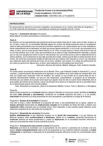 Examen de Historia de la Filosofía (EBAU de 2025)