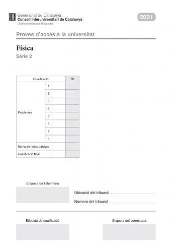 Proves daccés a la universitat Física Srie 2 Qualificació TR 1 2 3 4 Problemes 5 6 7 8 Suma de notes parcials Qualificació final 2021 Etiqueta de lalumnea Ubicació del tribunal  Número del tribunal  Etiqueta de qualificació Etiqueta del correctora Responeu a QUATRE dels vuit problemes segents En el cas que respongueu a més problemes només es valoraran els quatre primers Cada problema val 25 punts P1 Grcies a les valuoses dades sobre les posicions dels astres que Tycho Brahe va recollir al llarg…