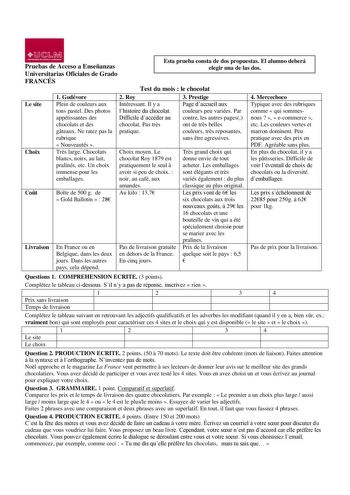 lJ  1 Mil UNfVIHIOOOl  1ll utU1lloNNt Pruebas de Acceso a Enseñanzas Universitarias Oficiales de Grado FRANCÉS Esta prueba consta de dos propuestas El alumno deberá elegir una de las dos Test du mois  le chocolat Le site Choix Cot Livraison 1 Godévore Plein de couleurs aux tons pastel Des photos appétissantes des chocolats et des gteaux Ne ratez pas la rubrique  Nouveautés  Trs large Chocolats blancs noirs au lait pralinés etc Un choix immense pour les emballages Bote de 500 g de  Gold Ballotin…