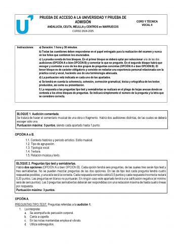 Examen de Coro y Técnica Vocal (PEvAU de 2025)