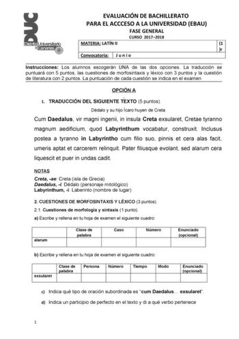 EVALUACIÓN DE BACHILLERATO PARA EL ACCCESO A LA UNIVERSIDAD EBAU FASE GENERAL CURSO 20172018 MATERIA LATÍN II 1 r Convocatoria J u n i o Instrucciones Los alumnos escogerán UNA de las dos opciones La traducción se puntuará con 5 puntos las cuestiones de morfosintaxis y léxico con 3 puntos y la cuestión de literatura con 2 puntos La puntuación de cada cuestión se indica en el examen OPCIÓN A 1 TRADUCCIÓN DEL SIGUIENTE TEXTO 5 puntos Dédalo y su hijo Ícaro huyen de Creta Cum Daedalus vir magni in…