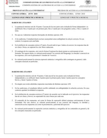 lJtlJtKALI IAI  VALENCIANA CONSELLERIA DEDUCACII COMISSIÓ GESTORA DE LES PROVES DACCÉS A LA UNIVERSITAT COM ISIÓN GESTORA DELASPRUEBASDEACCESO A LA UNIVERSIDAD e   n  SISTEMA UNIVERSITARI VALENC IÁ SISTEMA IJNIVERSITARIO VALENCIANO PROVES DACCÉS A LA UNIVERSITAT CONVOCATRIA JUNY 2010 PRUEBAS DE ACCESO A LA UNIVERSIDAD CONVOCATORIA JUNIO 2010 LLENGUATGE I PRCTICA MUSICAL LENGUAJEY PRÁCTICA M USICAL BAREM DE LEXAMEN 1 Lapuntuaciómximaserde10puntsCascunadelestrespartsseravaluadadeformaindependenti…