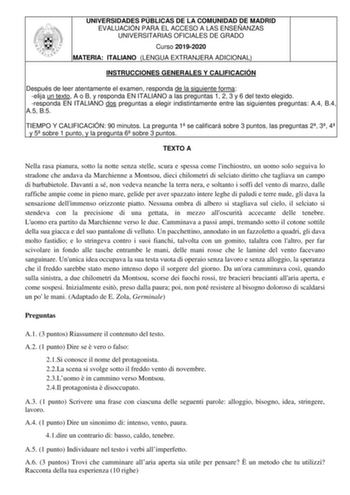 UNIVERSIDADES PÚBLICAS DE LA COMUNIDAD DE MADRID EVALUACIÓN PARA EL ACCESO A LAS ENSEÑANZAS UNIVERSITARIAS OFICIALES DE GRADO Curso 20192020 MATERIA ITALIANO LENGUA EXTRANJERA ADICIONAL INSTRUCCIONES GENERALES Y CALIFICACIÓN Después de leer atentamente el examen responda de la siguiente forma elija un texto A o B y responda EN ITALIANO a las preguntas 1 2 3 y 6 del texto elegido responda EN ITALIANO dos preguntas a elegir indistintamente entre las siguientes preguntas A4 B4 A5 B5 TIEMPO Y CALIF…