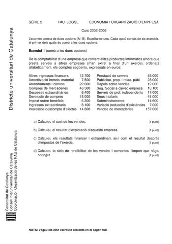 Districte universitari de Catalunya SRIE 2 PAU LOGSE ECONOMIA I ORGANITZACIÓ DEMPRESA Curs 20022003 Lexamen consta de dues opcions A i B Escolliune una Cada opció consta de sis exercicis el primer dels quals és comú a les dues opcions Exercici 1 comú a les dues opcions De la comptabilitat duna empresa que comercialitza productes informtics alhora que presta serveis a altres empreses shan extret a final dun exercici ordenats alfabticament els comptes segents expressats en euros Altres ingressos …