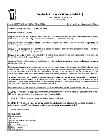 Examen de Historia de la Música y de la Danza (EBAU de 2025)