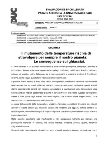 EVALUACIÓN DE BACHILLERATO PARA EL ACCCESO A LA UNIVERSIDAD EBAU FASE GENERAL CURSO 20182019 MATERIA PRIMERA LENGUA EXTRANJERA ITALIANO 3 Convocatoria J U L I O Instrucciones  DOMANDA 1 Rispondere VERO o FALSO e giustificare la risposta utilizzando ESATTAMENTE le informazioni del testo  DOMANDA 2 La risposta  UNA SOLA PAROLA e si trova NEL TESTO  DOMANDA 3 La risposta  UNA SOLA PAROLA e NON SI TROVA NEL TESTO  DOMANDA 4 Prima di cominciare a scrivere devi LEGGERE BENE largomento richiesto OPCIÓ…