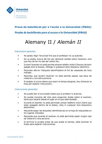 Examen de Alemán (PBAU de 2022)