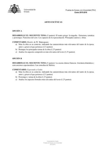 Examen de Artes Escénicas (PAU de 2016)