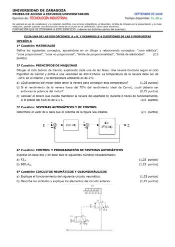 UNIVERSIDAD DE ZARAGOZA PRUEBA DE ACCESO A ESTUDIOS UNIVERSITARIOS Ejercicio de TECNOLOGÍA INDUSTRIAL SEPTIEMBRE DE 2008 Tiempo disponible 1 h 30 m Se valorará el uso de vocabulario y la notación científica Los errores ortográficos el desorden la falta de limpieza en la presentación y la mala redacción podrán suponer una disminución hasta de un punto en la calificación salvo casos extremos PUNTUACIÓN QUE SE OTORGARÁ A ESTE EJERCICIO véanse las distintas partes del examen ELIJA UNA DE LAS DOS OP…