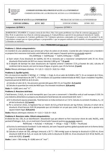 Examen de Química (PAU de 2023)