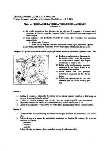 UNIVERSIDAD DE CASTILLALA MANCHA Pruebas de acceso a estudios universitarios Bachillerato LOGSE Materia CIENCIAS DE LA TIERRA Y DEL MEDIO AMBIENTE Propuesta A a La prueba consiste en tres bloques dos de ellos con 4 preguntas y el tercero con 2 preguntas Se deberán elegir dos preguntas de los dos primeros bloques y una pregunta del último bloque b Cada pregunta será puntuada teniendo en cuenta dos requisitos con valoración independiente 1 Contenidos 9 puntos 2 Buen uso del lenguaje científico ex…