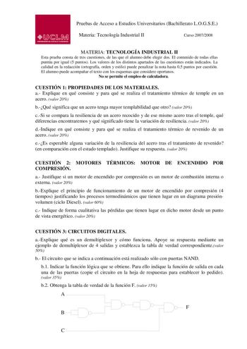 Pruebas de Acceso a Estudios Universitarios Bachillerato LOGSE Materia Tecnología Industrial II Curso 20072008 MATERIA TECNOLOGÍA INDUSTRIAL II Esta prueba consta de tres cuestiones de las que el alumno debe elegir dos El contenido de todas ellas puntúa por igual 5 puntos Los valores de los distintos apartados de las cuestiones están indicados La calidad en la redacción ortografía orden y estilo puede penalizar la nota hasta 05 puntos por cuestión El alumno puede acompañar el texto con los esqu…