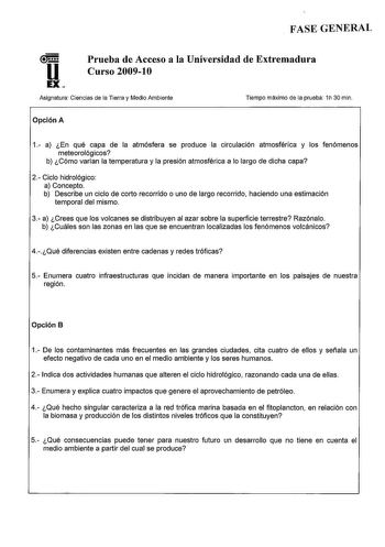 Examen de Ciencias de la Tierra y Medioambientales (PAU de 2010)