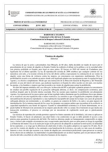 COMISSIÓ GESTORA DE LES PROVES DACCÉS A LA UNIVERSITAT COMISIÓN GESTORA DE LAS PRUEBAS DE ACCESO A LA UNIVERSIDAD PROVES DACCÉS A LA UNIVERSITAT CONVOCATRIA JUNY 2023 Assignatura CASTELL LLENGUA I LITERATURA II PRUEBAS DE ACCESO A LA UNIVERSIDAD CONVOCATORIA JUNIO 2023 Asignatura CASTELLANO LENGUA Y LITERATURA II BAREM DE LEXAMEN Comentari crític del text 04 punts Coneixement de la llengua i educació Literria 06 punts BAREMO DEL EXAMEN Comentario crítico del texto 04 puntos Conocimiento de la l…