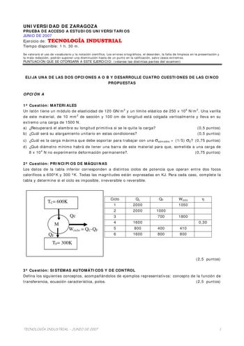 UNIVERSIDAD DE ZARAGOZA PRUEBA DE ACCESO A ESTUDIOS UNIVERSITARIOS JUNIO DE 2007 Ejercicio de TECNOLOGÍA INDUSTRIAL Tiempo disponible 1 h 30 m Se valorará el uso de vocabulario y la notación científica Los errores ortográficos el desorden la falta de limpieza en la presentación y la mala redacción podrán suponer una disminución hasta de un punto en la calificación salvo casos extremos PUNTUACIÓN QUE SE OTORGARÁ A ESTE EJERCICIO véanse las distintas partes del examen ELIJA UNA DE LAS DOS OPCIONE…