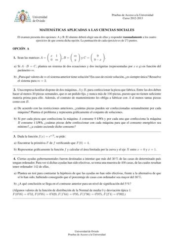 Examen de Matemáticas Aplicadas a las Ciencias Sociales (PAU de 2013)