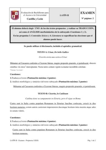 Examen de Latín II (EBAU de 2020)