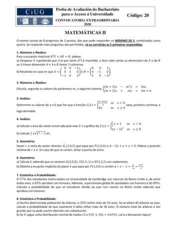 Examen de Matemáticas II (ABAU de 2020)