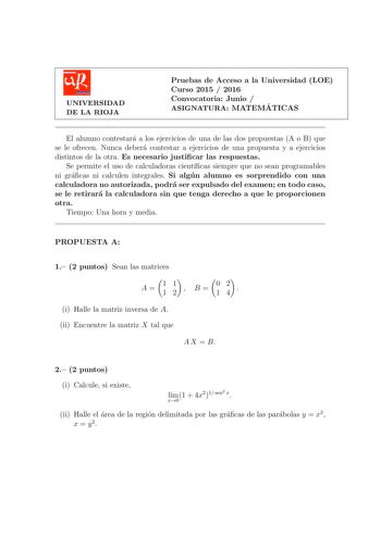 Examen de Matemáticas II (PAU de 2016)