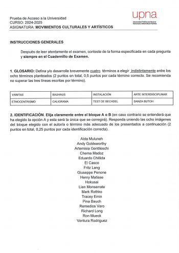 Examen de Movimientos Culturales y Artísticos (EvAU de 2025)