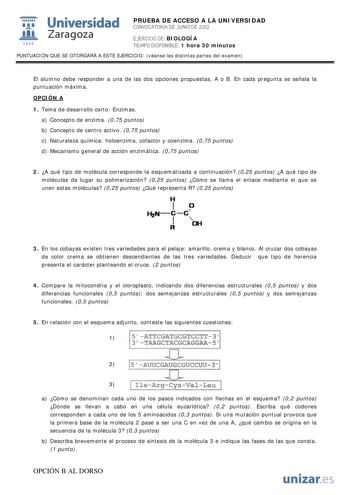 IJ1 Universidad 111 Zaragoza 1542 PRUEBA DE ACCESO A LA UNIVERSIDAD CONVOCATORIA DE JUNIO DE 2012 EJERCICIO DE BIOLOGÍA TIEMPO DISPONIBLE 1 hora 30 minutos PUNTUACIÓN QUE SE OTORGARÁ A ESTE EJERCICIO véanse las distintas partes del examen El alumno debe responder a una de las dos opciones propuestas A o B En cada pregunta se señala la puntuación máxima OPCIÓN A 1 Tema de desarrollo corto Enzimas a Concepto de enzima 075 puntos b Concepto de centro activo 075 puntos c Naturaleza química holoenzi…