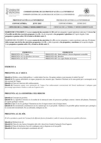 Examen de Ciencias de la Tierra y Medioambientales (PAU de 2015)