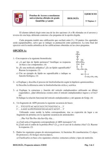 Pruebas de Acceso a enseñanzas universitarias oficiales de grado Castilla y León BIOLOGÍA EJERCICIO N Páginas 2 El alumno deberá elegir entre una de las dos opciones A o B ofertadas en el anverso y reverso de esta hoja debiendo contestar a las preguntas de la opción elegida Cada pregunta tendrá una calificación que oscilará entre 0 y 10 puntos los apartados serán equipuntuables salvo que se indique su puntuación entre paréntesis La nota final del ejercicio será la media aritmética de las califi…