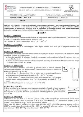 GENERALITAT  VALENCIAN CONSELLERIA DEDUCACIO CULTURA I ESPORT COMISSIÓ GESTORA DE LES PROVES DACCÉS A LA UNIVERSITAT COMISIÓN GESTORA DE LAS PRUEBAS DE ACCESO A LA UNIVERSIDAD     1 lfl  SISTEl1IA lJNIVERSITARI VALlNCIÁ SISTEMA UNIVERSITARIO VALENCIANO PROVES DACCÉS A LA UNIVERSITAT CONVOCATRIA JUNY 2014 FÍSICA PRUEBAS DE ACCESO A LA UNIVERSIDAD CONVOCATORIA JUNIO 2014 FÍSICA BAREMO DEL EXAMEN La puntuación máxima de cada problema es de 2 puntos y la de cada cuestión de 15 puntos Cada estudiant…