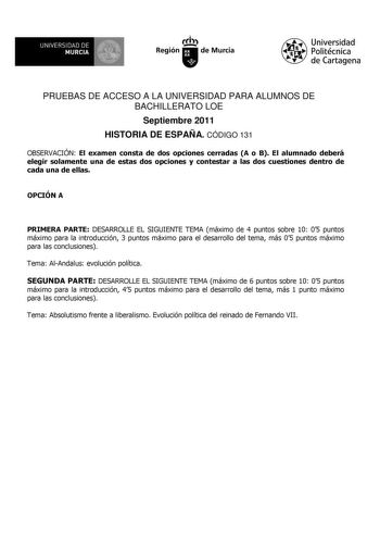 Examen de Historia de España (PAU de 2011)