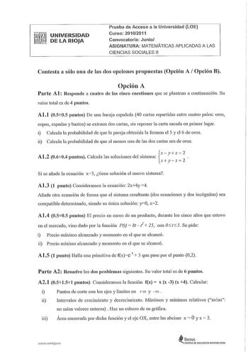 Examen de Matemáticas Aplicadas a las Ciencias Sociales (PAU de 2011)
